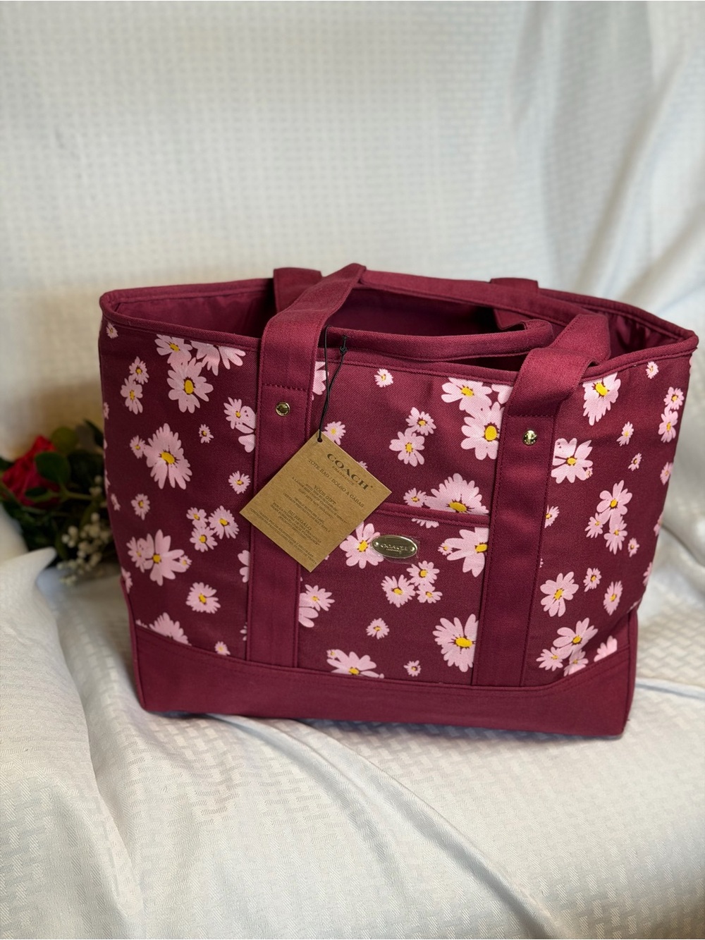 Coach Burgundy Floral Canvas Tote with Pink Daisy Print